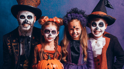 Family halloween costumes ideas: spooky skeleton makeup and pumpkin for trick or treat fun