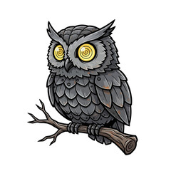 Fototapeta premium Steampunk Owl Perched on Branch with Golden Eyes | Mechanical Fantasy Bird Illustration with Vintage Brass and Gear Details