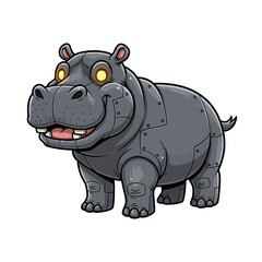 Fototapeta premium Robotic Hippopotamus, Glowing Eyes, Friendly Pose, Cheerful Futuristic Animal Illustration, Digital Character Art