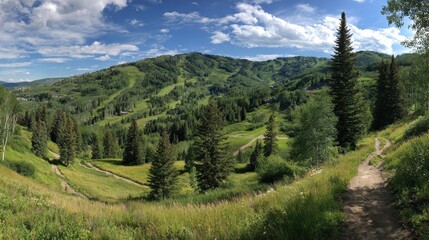 Obraz premium Park City Utah Hiking Trails. Summer Chairlift Trail on Mountain Resort with Green Trees