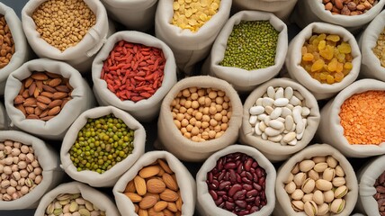 Fototapeta premium Various grains beans and seeds in fabric bags top view 
