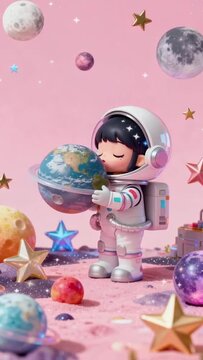 Cute Cartoon Girl in Astronaut Suit Holding Planet Earth in Whimsical Space Scene.