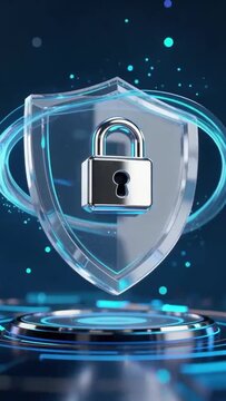 Modern Cybersecurity Concept with Shield and Padlock Icon on Blue Digital Background.
