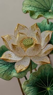 Exquisite Gold Thread Embroidery of Blooming Lotus Flower and Leaves on Beige Background.