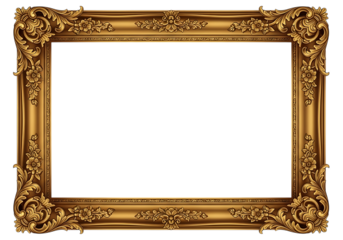 Ultra highresolution, professional studio photography of illustration of ornate golden baroque picture frame isolated on transparent background, with intricate floral carvings and a luxurious finish