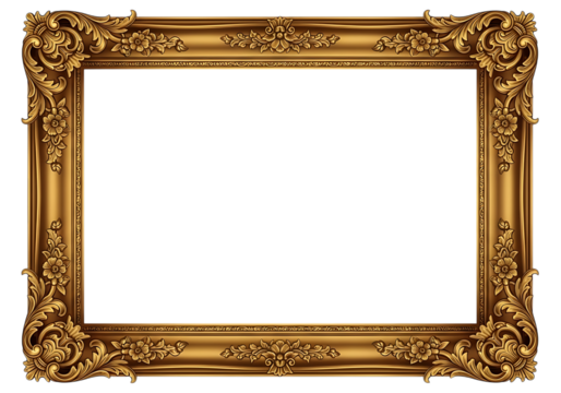 Ultra highresolution, professional studio photography of illustration of ornate golden baroque picture frame isolated on transparent background, with intricate floral carvings and a luxurious finish