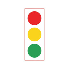 A minimalist flat design vector illustration of a traffic light showing red, yellow, and green lights for controlling vehicle flow and pedestrian safety