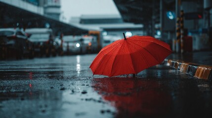 Red umbrella on wet pavement reflecting cityscape in rainy weather