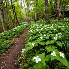 Spring forest path with wildflowers