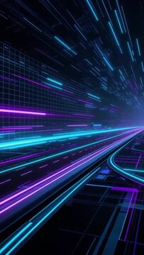 Abstract Futuristic Cyberspace Tunnel with Glowing Blue and Purple Data Streams on Dark Background.