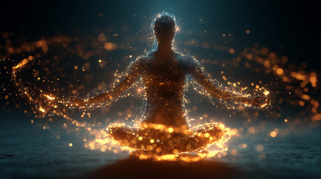 Radiant figure meditating in lotus position, glowing particles symbolizing inner peace and spiritual energy, perfect for wellness and mindfulness themes