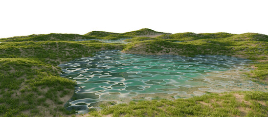Scenic turquoise lake with grassy hills. Transparent background. 3D rendering.