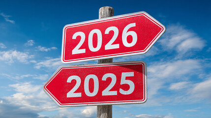 Red directional road signs pointing to the years 2025 and 2026 against a clear blue sky symbolizing transition and choices for the new year and future planning