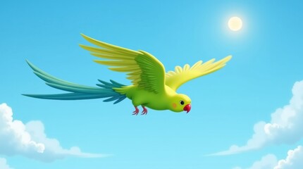 Bright Green Parrot Soaring Through a Sunny Sky