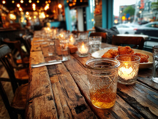 a rustic dining area with a long wooden table, hanging light fixtures, and a plate of fried food on the table.