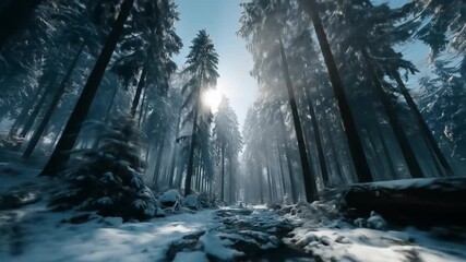 Winter forest scene snow covered trees and sunbeams in nature