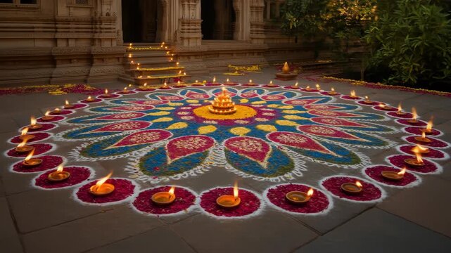 Intricate Rangoli Design with Diyas at Temple, Vibrant Colors and Traditional Decorations for Janmashtami Radhashtami Lathmar Holi Jhulan Yatra Raas Leela Sharad Purnima Govardhan Puja Celebration