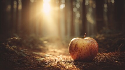 Ripe apple on forest floor bathed in sunlight with bokeh background
