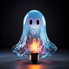 glowing ghost shaped light bulb with blue translucent material and pink eyes creative energy concept
