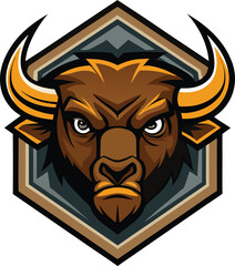 Fierce brown bull head emblem with sharp golden horns
