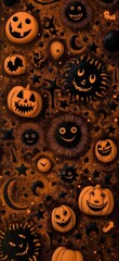 festive halloween pumpkins with carved faces spooky decorations on orange grunge textured background seasonal celebration
