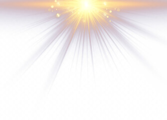 Obraz premium Transparent golden light burst with radiant rays, glowing flare and sparkling energy effect on white background.