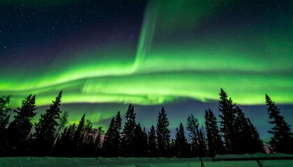 Stunning aurora borealis display over silhouetted trees against a starry night sky, illuminating the snowy foreground