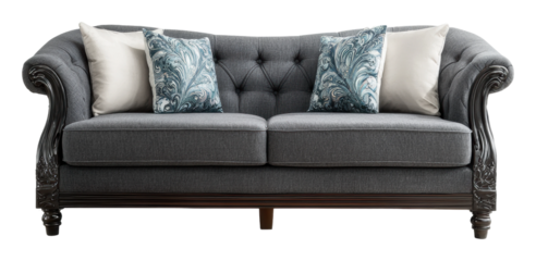 Modern living room elegant grey sofa with stylish decorative cushions isolated on transparent background