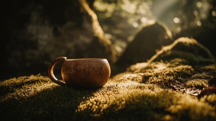 Rustic ceramic mug rests outdoors amid lush foliage and ambient sunlight
