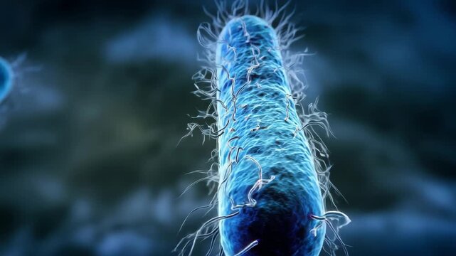 Detailed Microscopic View of a Single Blue Bacillus Bacterium with Fimbriae Against a Dark Blurry Background Under Soft Lighting Showing Biological Details and Cellular Structure Illustrating