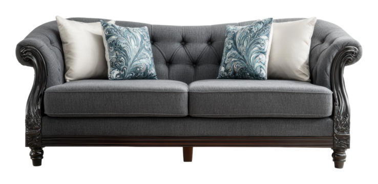 Modern living room elegant grey sofa with stylish decorative cushions isolated on transparent background