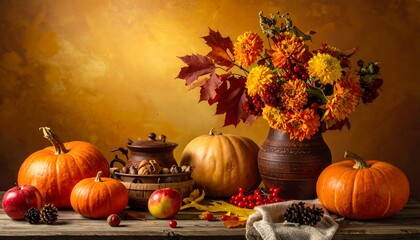 Autumn Still Life with Pumpkins, Flowers, and Fall Foliage.