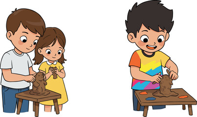 Cartoon children sculpting clay figures, teamwork and creativity, colorful modeling activity, animal shapes, educational craft, playful learning, cheerful illustration