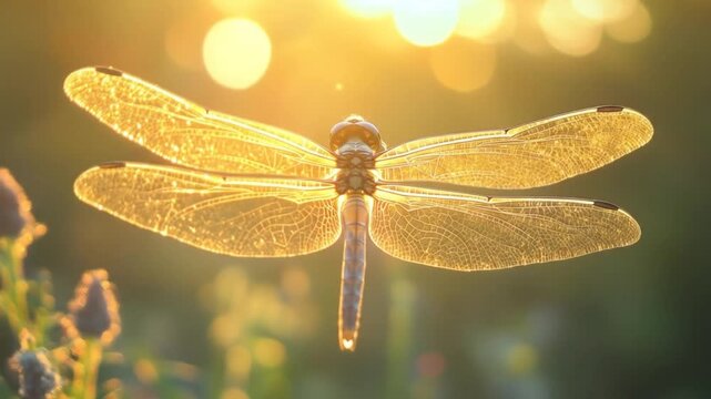 Dragonfly in warm sunlight against blurred background