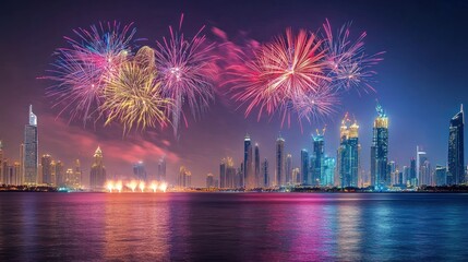 City skyline with colorful explosions in the sky over calm water at night