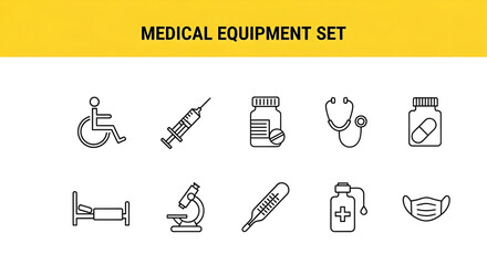 Collection of simple line art icons representing medical equipment and healthcare symbols on a white background with a yellow header