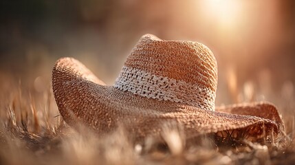 Rustic straw hat resting on wheat field with warm sunlight