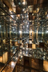 Fototapeta premium Surreal Hall of Mirrors Creating a Disorienting, Endless Golden Labyrinth of Light.