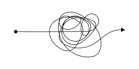 Messy tangle continuous one line drawing of chaos and confusion turning into a clear path and target. Problem solving, goal achievement, and brainstorming process concept in eps 10.