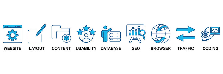Web design icon set In Blue Monochrome Flat Design, Vector Illustration concept relate to icon of website, layout, content, usability, database, seo, browser, traffic and coding