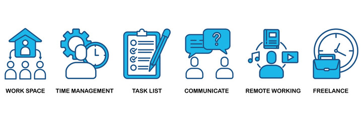 Work from home icon set In Blue Monochrome Flat Design, Vector Illustration concept relate to icon of wfh with icon of workspace, time management, task list, communicate, remote working and freelance