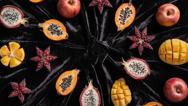 Overhead Composition of Various Exotic Fruits Arranged on Black Surface with Artistic Light Streaks