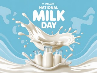 Refreshing National Milk Day Poster with Splashing Milk, Glass Bottle and Fresh Dairy Theme for 11 January Celebration