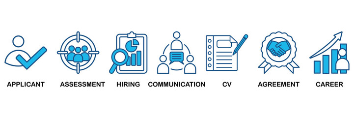 Job interview icon set In Blue Monochrome Flat Design, Vector Illustration concept relate to icon of applicant, assessment, hiring, communication, cv, agreement and career