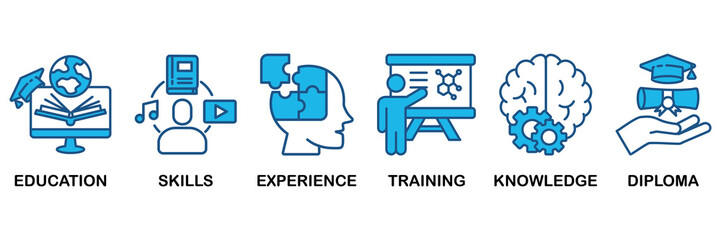 Qualification icon set In Blue Monochrome Flat Design, Vector Illustration concept relate to icon of employee recruitment and positioning with icon of education, skills, experience, training, knowledg