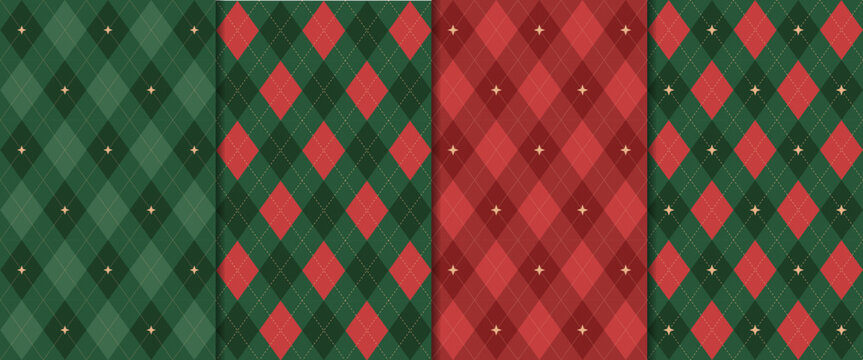Christmas rhombus seamless pattern. Red and green xmas plaid texture with gold line. Argyle geometric diamond pattern. Christmas abstract design wrapping. Vector illustration isolated on background.