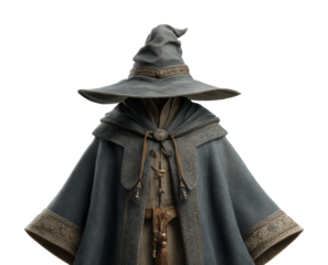 Mysterious wizard in cloak fantasy realm digital enigma isolated on transparent background