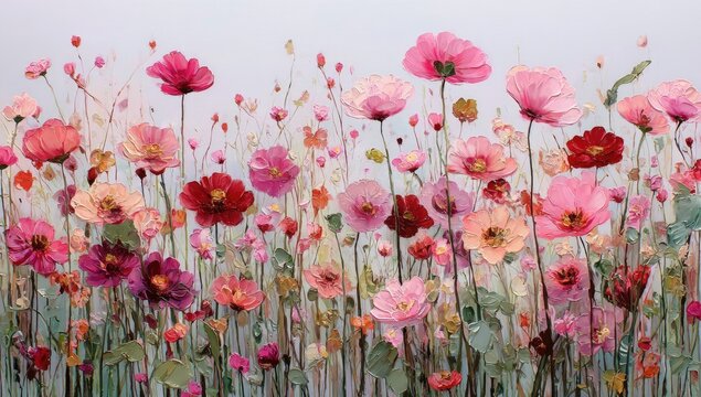 A field of vibrant pink and red cosmos flowers