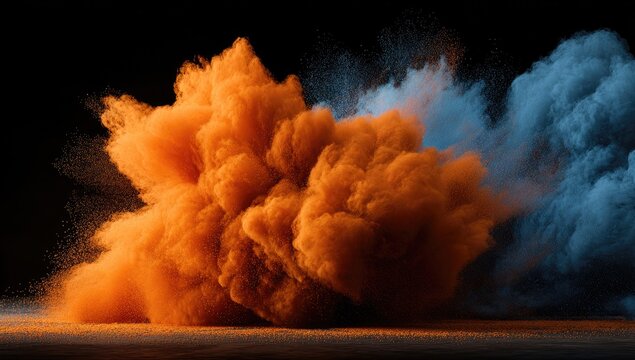 Orange and blue powder explosion on black