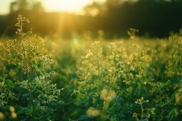Obraz premium Tobacco plants growing in a field, bathed in the warm glow of the setting sun, creating a picturesque rural landscape